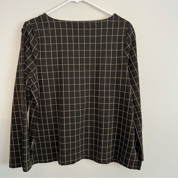 J jill Ponte Knit Windowpane Top Black Camel Boatneck Button Sleeve Size M - Picture 11 of 11